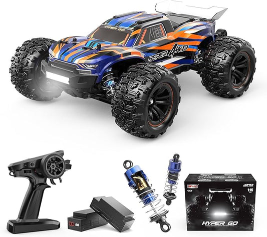 HYPER GO H16DR 1:16 Scale Ready to Run Fast Remote Control Car, High Speed Jump RC Monster Truck, Off Road RC Cars, 4WD All Terrain RTR RC Truck with 2 LiPo Batteries for Boys and Adults