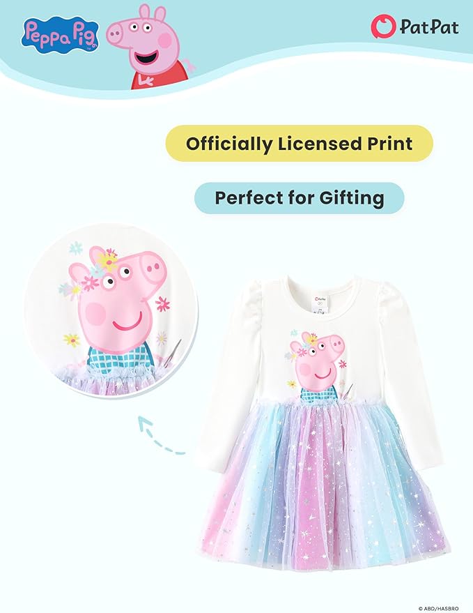 Peppa Pig Toddler Girls Dress for Fall Long Sleeve Tutu Dresses for Birthday Party Tulle Princess Dress Little Girl Size 2-6T