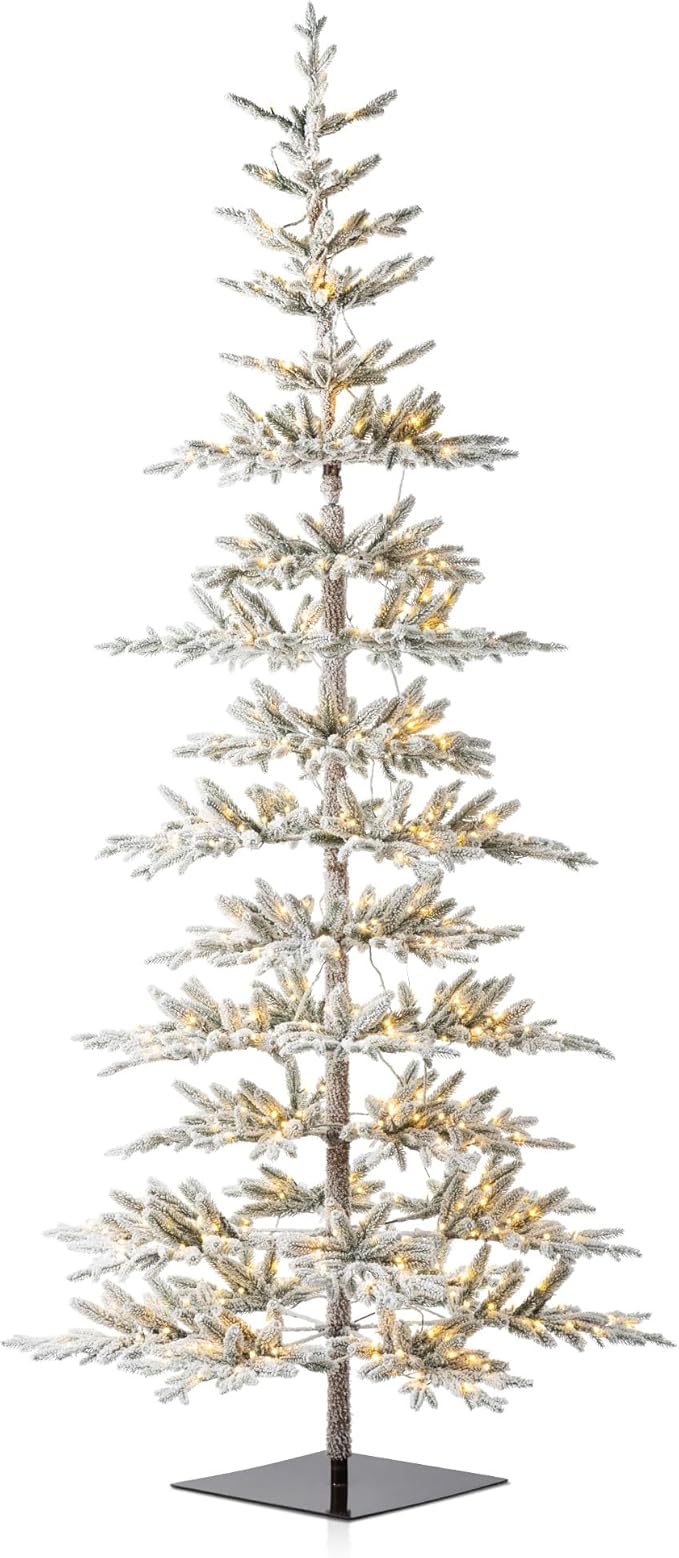 Glitzhome 9ft Deluxe Pre-Lit Flocked Artificial Christmas Tree Serene Snowscape Fir for Home, Office, Party Decoration with 650 Warm White Lights, Metal Hinges & Base, Easy Assembly