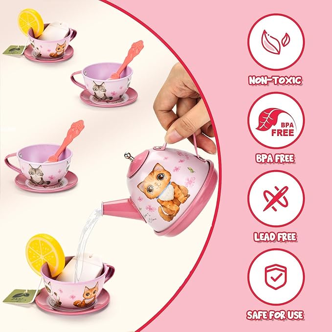 Cat Tea Party Set for Little Girls - Pretend Play Toy, Birthday Gift for Toddlers Ages 3 4 5 6 Year Old, Includes Kitten Tin Tea Set, Desserts, and Carrying Case, Cat Design