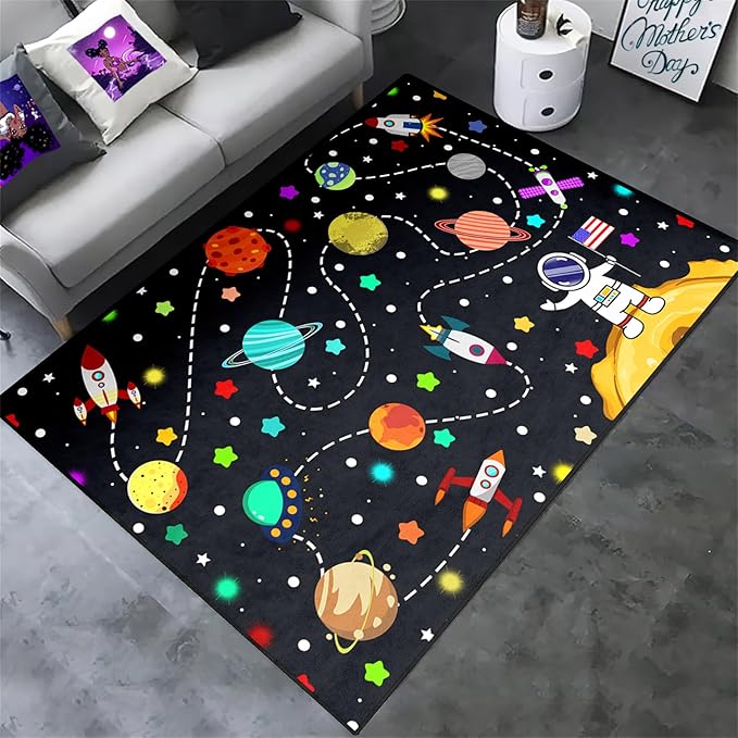 Outer Space Rug for Boys - Galaxy Carpet for Boys Room Cute Cartoon Universe Planet Area Rug Satellite Rockets Kids Baby Polyester Crystal Floor Mat Kids Play Carpet for Children Bedroom 47"L x 39"W