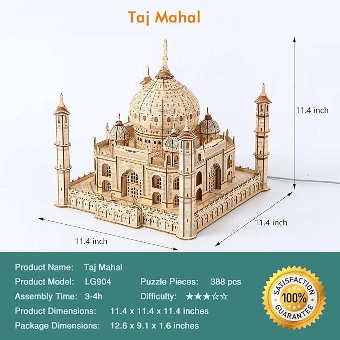 3D Wooden Puzzle Architecture Building Taj Mahal Model Craft STEM Kit LED Light DIY Home Decoration Mother's Day Birthday Gift for Adults & Kids (Taj Mahal)