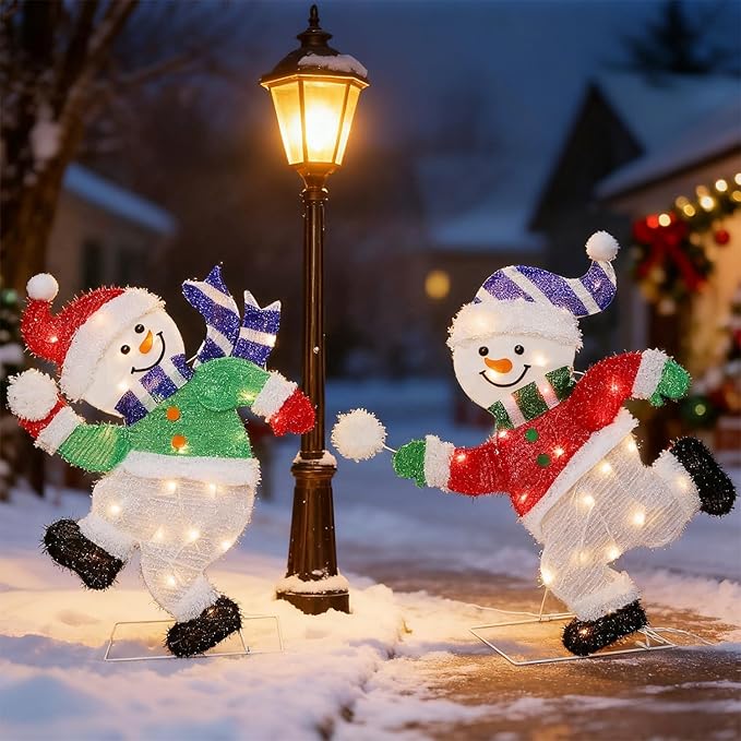 Hausse Set of 2 Lighted Snowmen Christmas Decorations, Pre-Lit 2D Tinsel Cute Snowman Snowball Fight with Lights, Light Up & Plug in for Indoor Outdoor Xmas Winter Holiday Yard Lawn Garden Decor