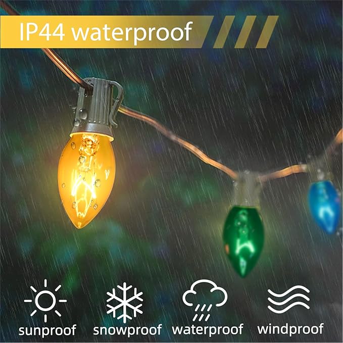 50FT C7 Multicolor Christmas Lights Outdoor, Vintage Christmas Light Green Wire with 55 Clear Multicolored Bulbs (5 Spare), Outdoor String Lights for Xmas Tree Home Yard Wedding Party Decorations