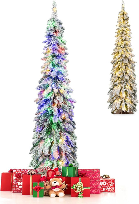 GOFLAME 5 FT Pre-Lit Artificial Christmas Tree, Snow Flocked Slim Pencil Christmas Tree with Multi-Color & Warm-White LED Lights, 11 Lighting Modes, 334 Branch Tips, Xmas Holiday Decoration Tree