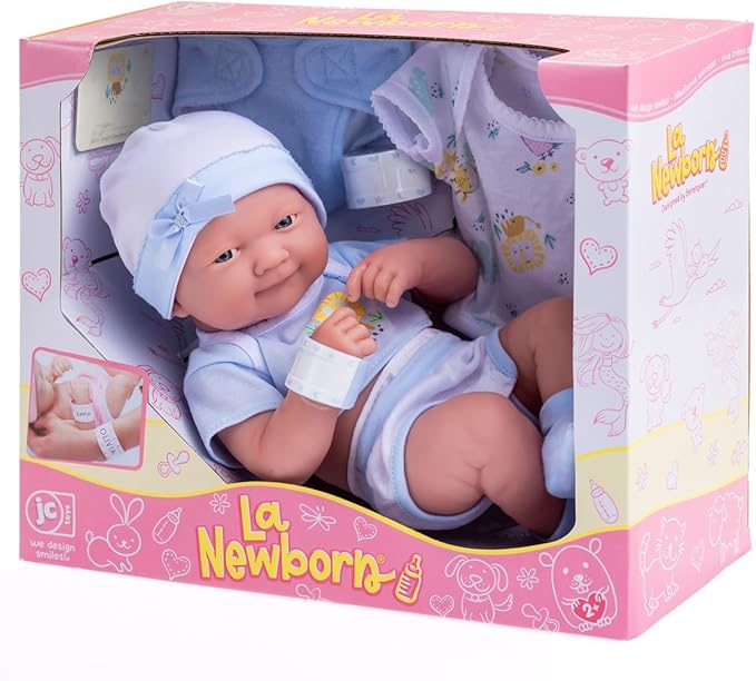8 piece Layette Baby Doll Gift Set | JC Toys - La Newborn Nursery | 14" Life-Like Smiling Doll w/ Accessories | Blue | Ages 2+