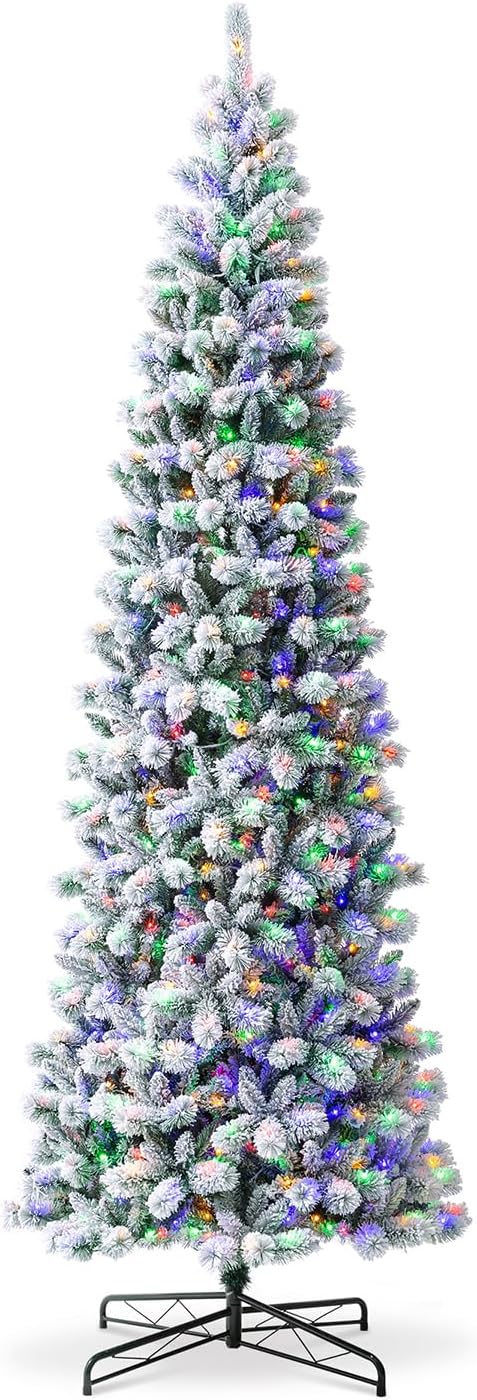 Glitzhome 11ft Prelit Artificial Christmas Tree, Flocked Pencil Christmas Tree with 700 Warm White/Multi-Color Lights, Remote Controlled Slim Pine Christmas Tree with Lights for Indoor Holiday Decor