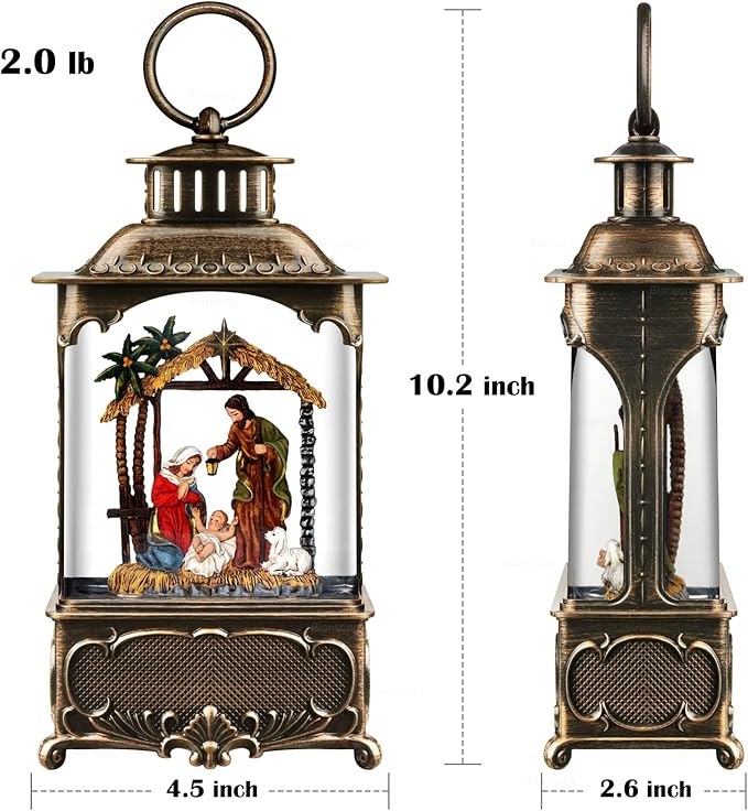 Nativity Snow Globe Lantern Christmas Decorations Gifts Auto Snowfall Glitter Music Collection Manger Sheep Pen Nativity Scene with 6H Timer USB/Battery Powered 10.2 inch