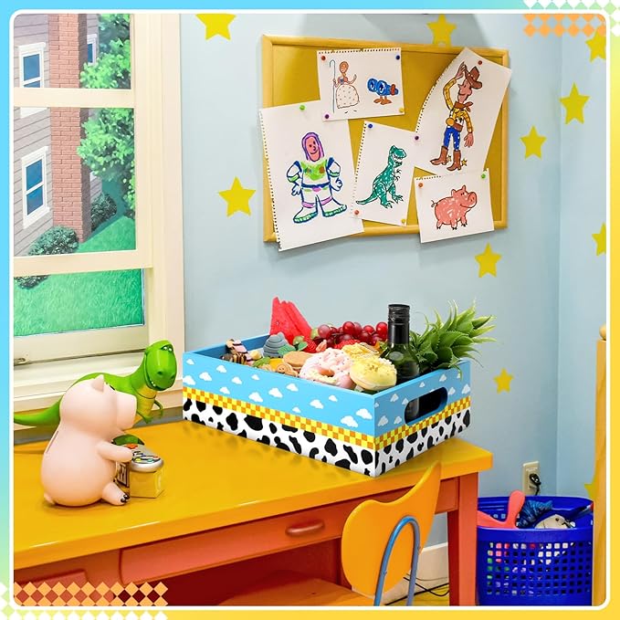 Cartoon Birthday Party Supplies Blue Sky White Clouds Theme Wooden Snack Tray Toy Party Baby Shower Supplies Reusable Snack Organizer with Handles for Decorations