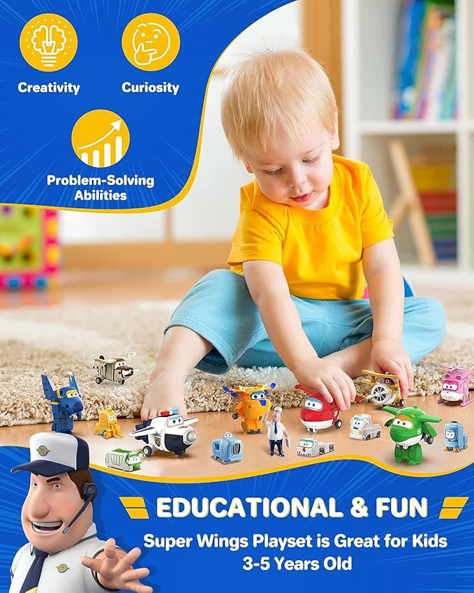 Super Wings Toys, Transformer Toys 2 Inch, Airplane Toy for Kids 3-5 Years Old, 15 Packs Transforming Jet Playset, Real Mobile Wheels, Birthday Party Supplies for Preschool Boys and Girls