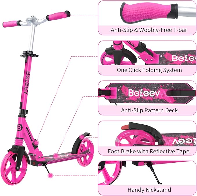 BELEEV V8 Scooters for Kids Ages 6+ with Light-Up Deck, 2 Wheel Folding Scooter for Adults Teens, 4 Adjustable Height, Lightweight Sport Commuter Scooter, Sturdy Frame, Max Load 220 lbs