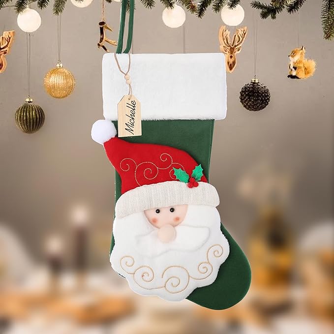 Christmas Stocking,21 inch Christmas Stockings with Wood Name Tag,3D Santa Christmas Stocking,for Family Holidays and Christmas Tree Fireplace Decoration(Green)