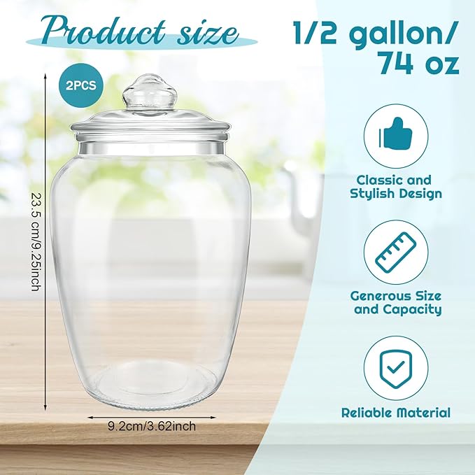 2 Pcs 74 oz Glass Candy & Cookie Jars with Airtight Lids, Decorative Apothecary Jars, Candy Buffet Containers for Kitchen Counter, Clear Food Storage Canister Home Decor