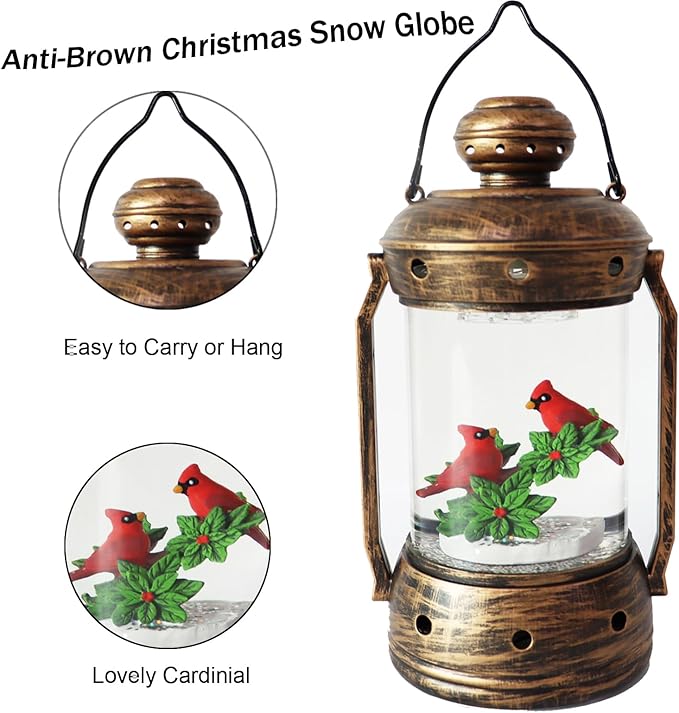 9 in Christmas Cardinal Snow Globe Lantern,Xmas Glittering Snowing Globe with Music,6 Hours Timer, USB Powered/Bateetry Operated Lighted Decoration Gift for Indoor Use