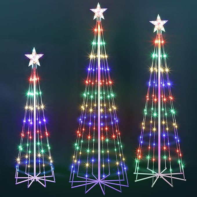 3 Pack LED Animated Christmas Tree, 4' 5' 6' Multicolor Lightshow Lighted Cone Wire Tree With Topper Star, Indoor Outdoor Decorations for Yard Patio
