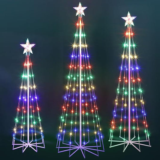 3 Pack LED Animated Christmas Tree, 4' 5' 6' Multicolor Lightshow Lighted Cone Wire Tree With Topper Star, Indoor Outdoor Decorations for Yard Patio