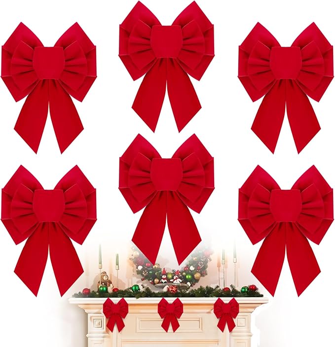 MEWTOGO 6 Pcs Small Red Bows Christmas Tree Decor - 10.2"×7.9" Velvet Red Bows with Golden Tie, Easy Hanging for Window/Stairs/Porch/Gifts Warp/Party Supplies