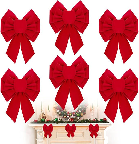 MEWTOGO 6 Pcs Small Red Bows Christmas Tree Decor - 10.2"×7.9" Velvet Red Bows with Golden Tie, Easy Hanging for Window/Stairs/Porch/Gifts Warp/Party Supplies