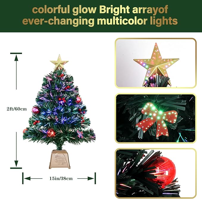 24inch Green Fiber Optic Christmas Tree,Prelit Artificial Tabletop Christmas Tree,Star,Butterfly and Ball Ornaments for Best Holiday Home Decorations,2 Foot
