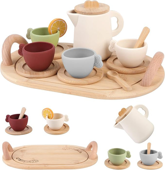 Tea Party Set, 14pcs Wooden Tea Party Set: Magical Role-Play Fun with Safety & Learning, Ideal Gift for Halloween, Christmas, Birthday for Little Girls Over 36 Mouths