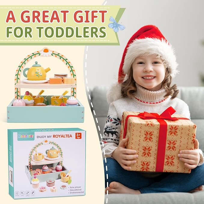 Wooden Tea Party Set for Little Girls, Tea Set Toddler Girl Toys, Pretend Play Tea Sets for Toddlers 3-5, Wooden Toys with Cupcake Stand & Play Kitchen Accessories for 3 4 5 6 Years Old Gifts