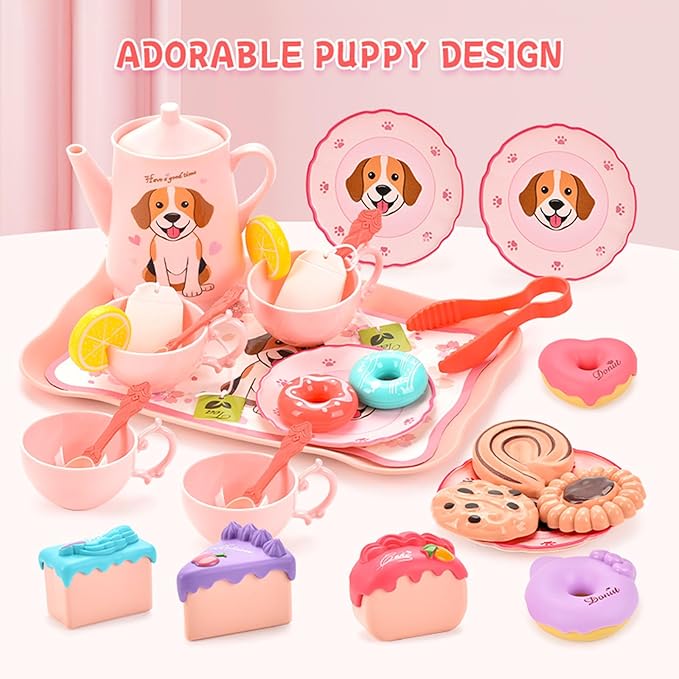 Dog Toys for Kids – Plastic Tea Party Set for Toddlers & Little Girls Ages 3-8, Puppy-Themed Pretend Play Kitchen Toy with Teapot, Cups, Saucers, Desserts & Tray | Birthday Gift Idea