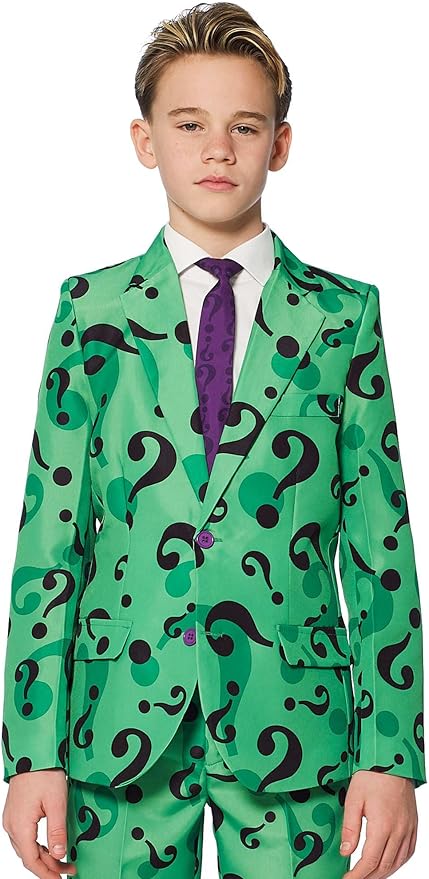 SUITMEISTER Boys Halloween Riddler Suit Costume Cosplay Party Kids Slim Fit Blazer Jacket, Pants & Tie in Green