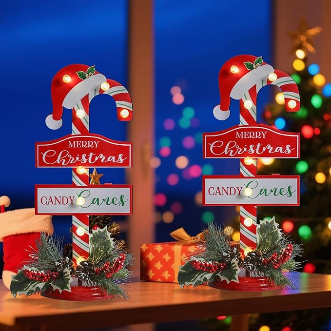 Metal Merry Christmas Sign with LED Light Battery Operated with Timer Christmas Signs with Base Xmas Holiday Decorations table Indoor Display Decor Candy Cane Small