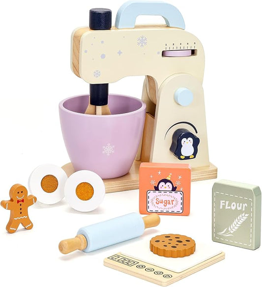 PairPear Wooden Toy Mixer for Kids Kitchen Playset –10 Piece Play Mixer Wooden Play Food Kitchen Cookie Bakery Toys, Kids Mixer Play Kitchen Accessories for Age 3+ Girls and Boys
