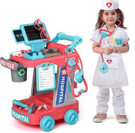 Liberry Doctor Kit for Toddlers Aged 2 3 4 5, Pretend Doctor Playset for Kids with Cart, Costume and Stethoscope, Role Play Medical Toy for Girls Boys (Red)