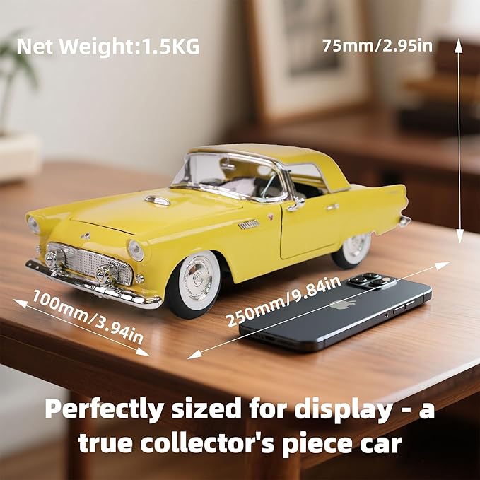 1955 Ford Thunderbird 1/18 Scale Die-Cast Metal Model Premium Classic Vintage Alloy Cars with Display Case, with Opening Doors, Best Gift for Men, Dad & Kids 14+ Years (Yellow)