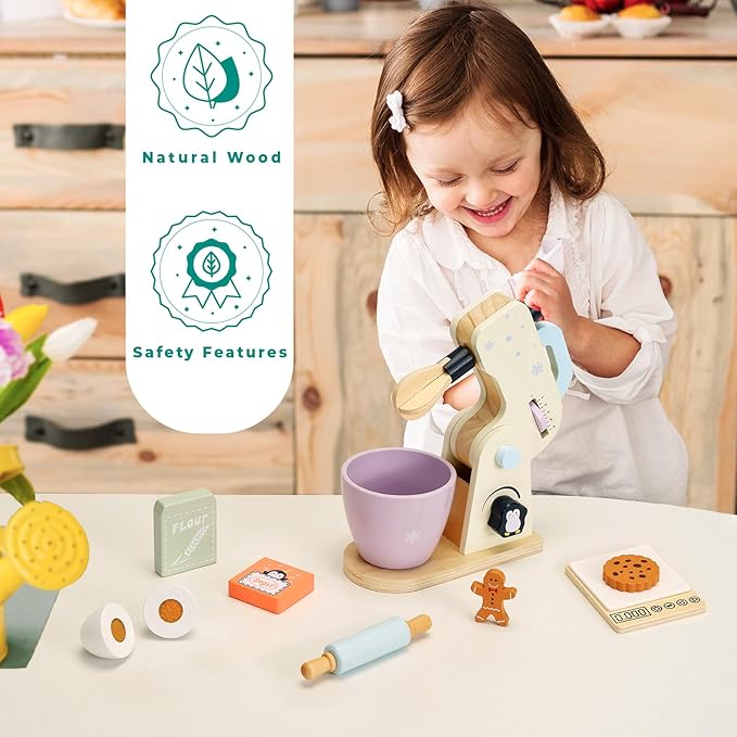 PairPear Wooden Toy Mixer for Kids Kitchen Playset –10 Piece Play Mixer Wooden Play Food Kitchen Cookie Bakery Toys, Kids Mixer Play Kitchen Accessories for Age 3+ Girls and Boys