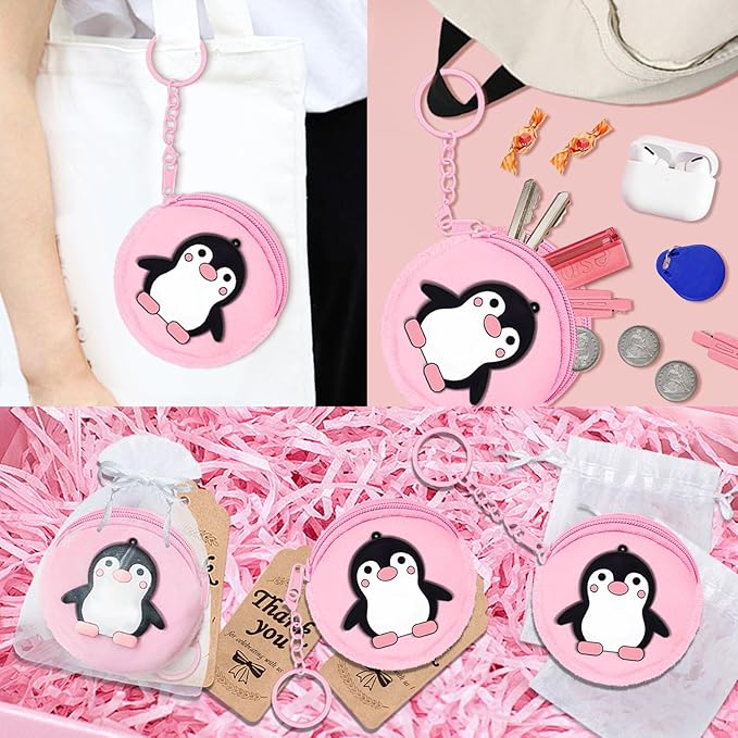 15 Pack Penguin Mini Coin Purses with Keyring for Penguin Winter Themed Party,Goodie Stuffer,Present for Friends,Guest Return Gift, Baby Shower,Birthday Party,Pink