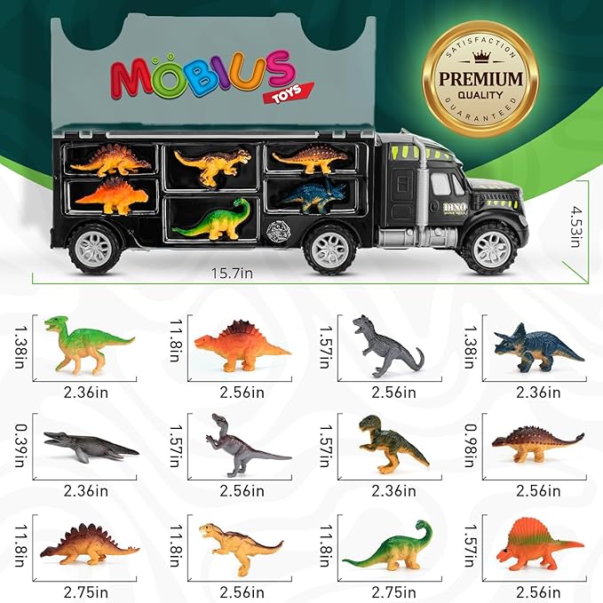 MOBIUS Toys Dinosaur Truck Carrier – Large Transport Truck with 12 Realistic Dino Figures for Kids Ages 3–7 – Durable BPA-Free Dinosaur Storage Toy Set for Indoor & Outdoor Play, Gift Box