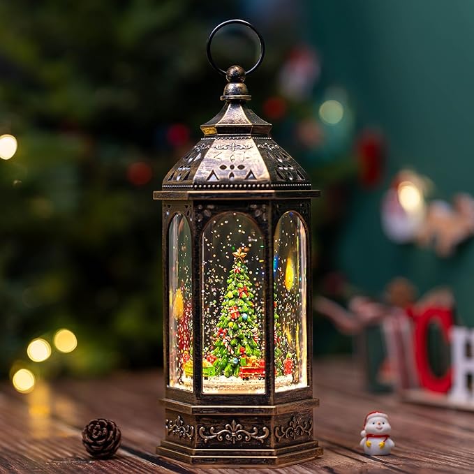 12.8'' Christmas Snow Globe, Santa Train Will Rotate Around The Christmas Tree with Musics Swirling Glitter Water Lantern Decoration for Home, Battery Operated or USB Powered