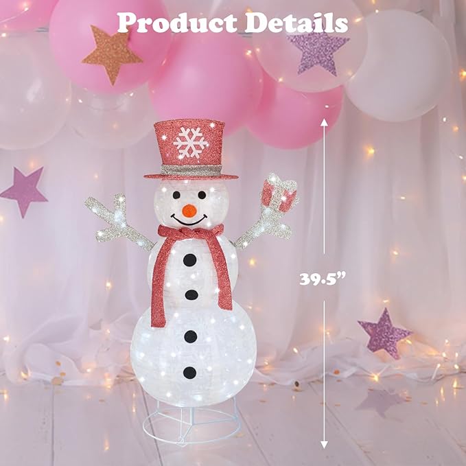 Outdoor Snowman Lighted, Pop-Up Snowman Outdoor Yard Christmas Decorations Prelit 100 Lights, Collapsible Lighted Snowmen Wear Scarf and Hold Light Up Gift Box for Home Pink Christmas Décor-Pink