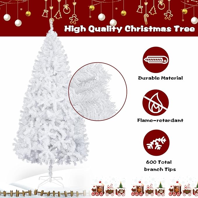 Bonnlo 5 ft White Unlit Artificial Christmas Pine Tree Small Xmas Tree Holiday Party Decoration with Sturdy Metal Stand, Full 600 Tips Branch for Indoor and Outdoor