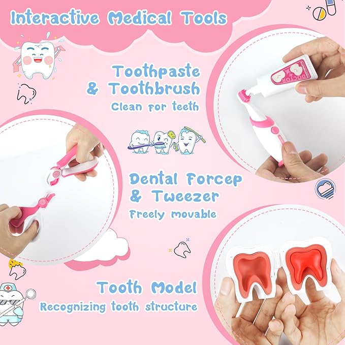 Doctor Kit for Toddlers 3-5, 28 Pcs Kids Dentist Set for Girls Boys Gift, Pretend Medical Kit With Chair, Dental Tools, Cute Doll, Role Play Dentist Gift for Birthday Christmas (Pink)