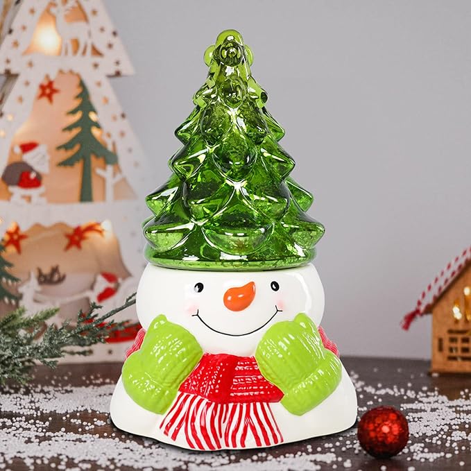 Small Ceramic Christmas Tree Hand-Painted Vintage Tabletop Christmas Tree Holiday Decoration with Multi-Color Lights Green Xmas Trees Snowmen 8.75inch