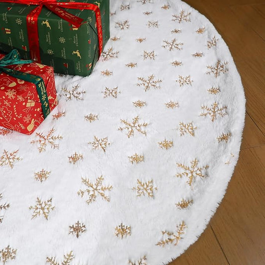 60 Inch Christmas Tree Skirt - Vonhen Large Snowy White Faur Fur Tree Skirt for Merry Christmas Party Christmas Tree Decorations White Plush Gold Sequin Snowflake