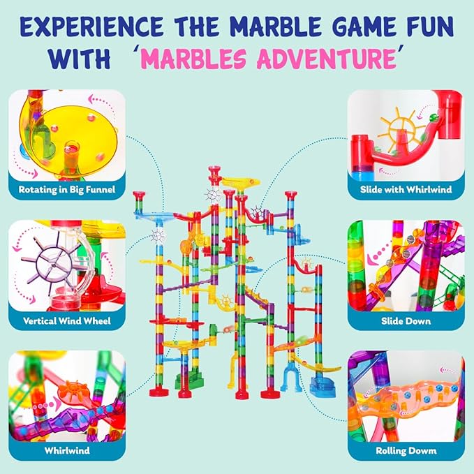 Meland Marble Run - 208Pcs Marble Maze Game Building Toy for Kids, Marble Track Race Set & STEM Learning Toy Gift for Boy Girl Age 4 5 6 7 8 9+(142 Pcs + 60 Glass + 5 Led Lighted Marbles)