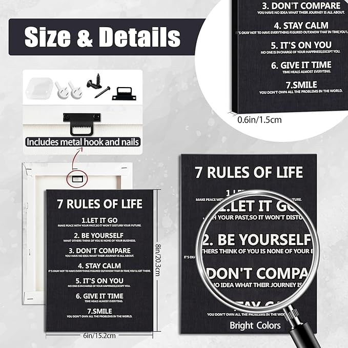 7 Rules of Life Motivational Wall Decor Inspirational Wall Art for Office & Home - Positive Quotes Canvas Prints Ready to Hang, Uplifting Wall Decor for Living Room, Bedroom or Office Wall Art