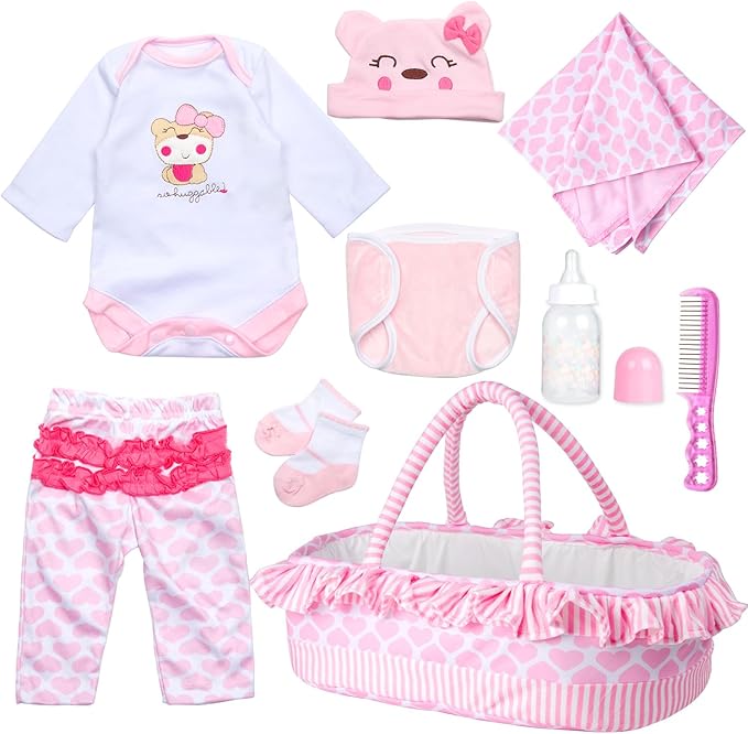 9 PCS Reborn Baby Doll Clothes Set with Pink Bassinet Accessories for 18-22 Inch Reborn Dolls,Newborn Baby Doll Clothes & Blanket