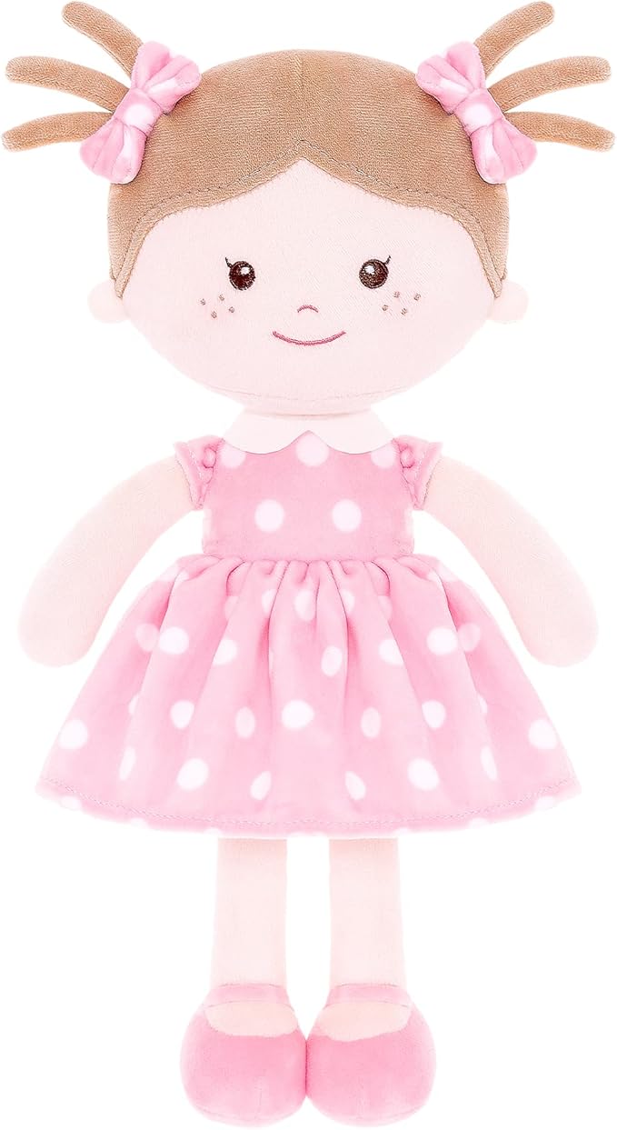 Onetoo Plush Rag Doll Sleeping Cuddle Buddy Doll Soft Baby Doll for Girls First Baby Doll Wear Pink Skirt Dress 14"（Milly Series）