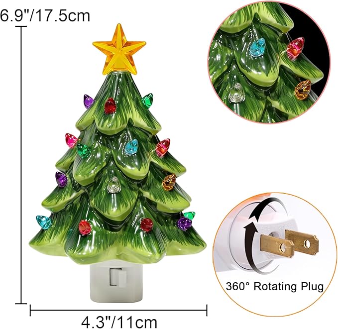 Christmas Decorations, Ceramic Christmas Tree Night Light, 1 Pack Vintage Christmas Decorative Night Light with ON/Off Switch, Holiday Decor Indoor for Bedroom & Hallway