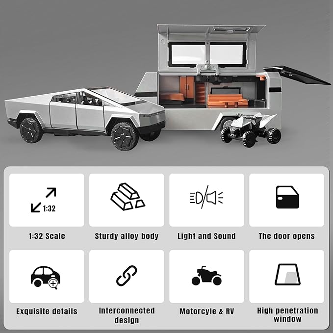 1/32 PickTruck Toy for Kids, Pickup Trailer RV Model Kit with Beach Motorcycle, Diecast Metal RV Car Model Pickup Truck Toy with Sound/Light/Pull Back Power, Ideal Gift for Boys Aged 6 and Up (Silver)