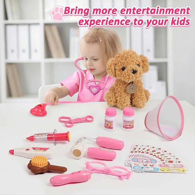 Liberry Doctor Kit for Toddlers Age 3 4 5 6, 26 Pcs Kids Doctor Playset with Dog Toy, Stethoscope and Dress Up Costume, Pretend Play Medical Gift for Girls, Pink