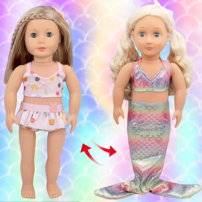 11 Pieces 18 Inch American Doll Bathing Suit Swimsuit with Accessories, Fashion 18 inch Doll Summer Outfits Including Mermaid Outfits,Swimming Circle,Bag,Phone,Shoes,Towel Set