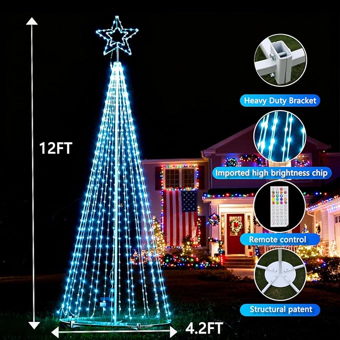 12FT Lighted Outdoor Christmas Tree 650LED Smart Music Sync RGB Fairy LightsShow APP and Remote Control for Outdoor Porch Yard Patio, Arbol de Navidad