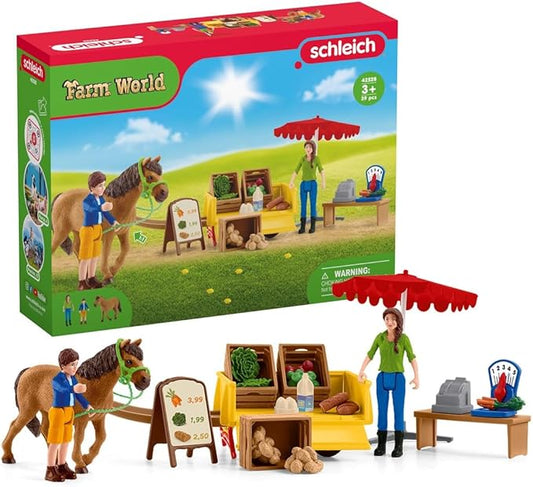 Schleich Farm World — Sunny Day Mobile Farm Stand Playset, Farm Play Set with Farmer Dolls, Horse and Mobile Produce Stand, Farm Animal Toys for Kids Ages 3+